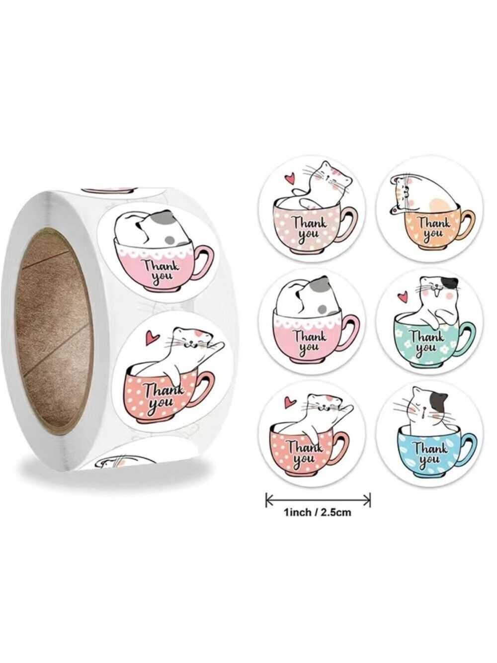 500 1” Stickers, Kitty in Teacup, 1 inch , Thank You, Roll, PRICE IS FIRM - Picture 1 of 3